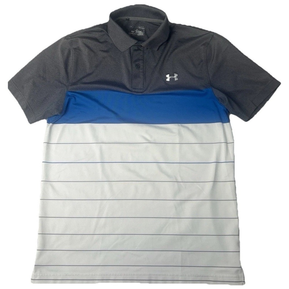Under Armour Mens Polo Shirt Size M Gray Blue White Striped Golf.
